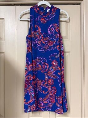 Everly Royal Blue Paisley Shift Dress with Pink & Orange Accents